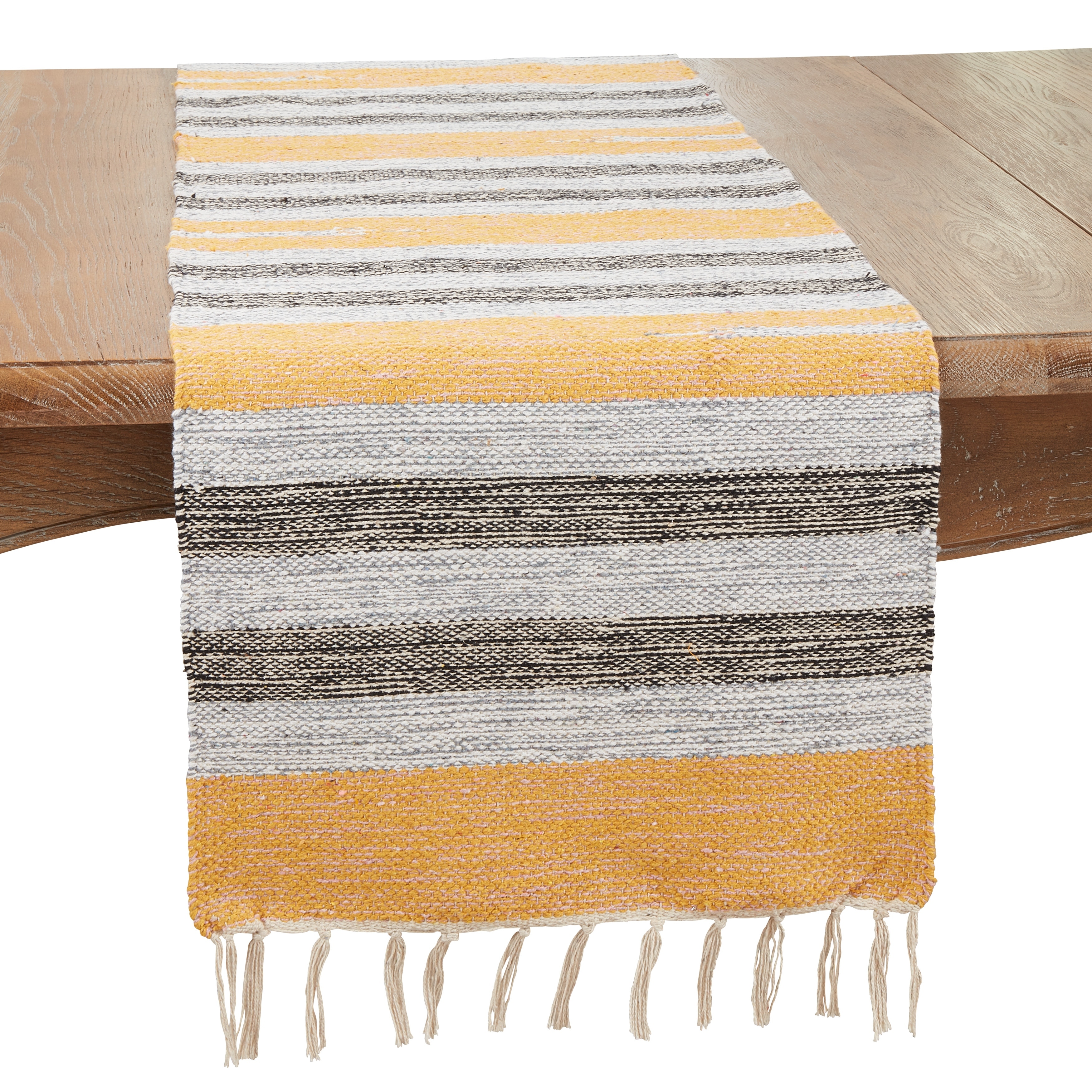 Farmhouse Woven Striped Table Runner with Fringe Detail