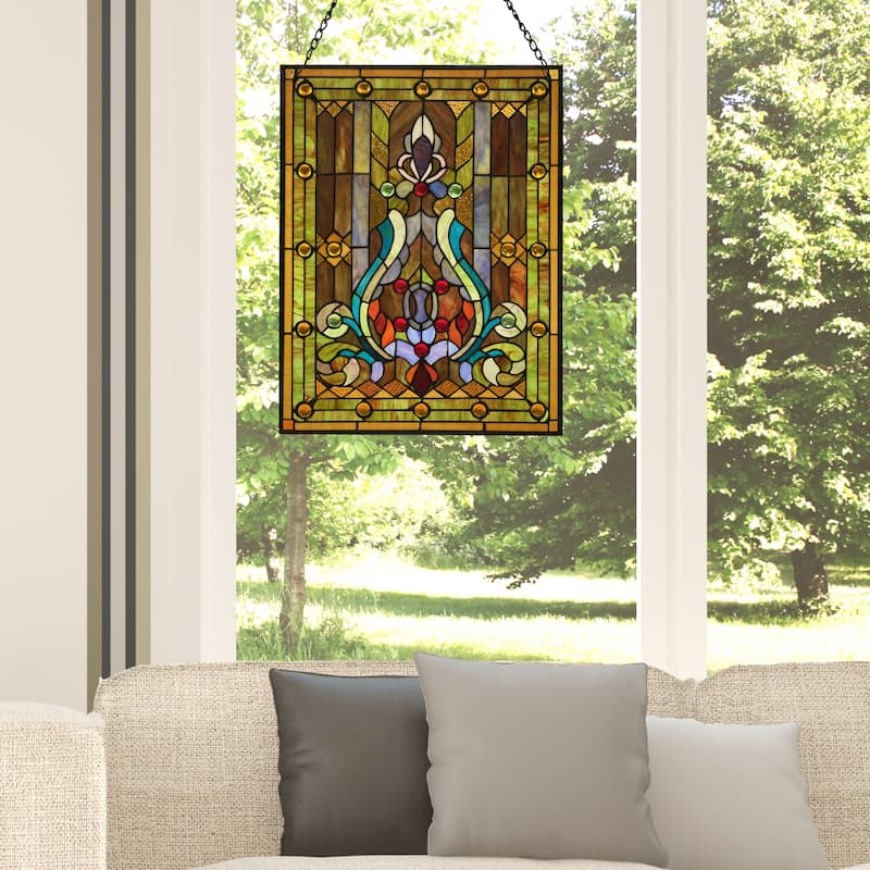 River of Goods Multicolor Stained Glass 24.75-inch High Fleur de Lis Window Panel - 18.875"L x 0.25"W x 24.75"H