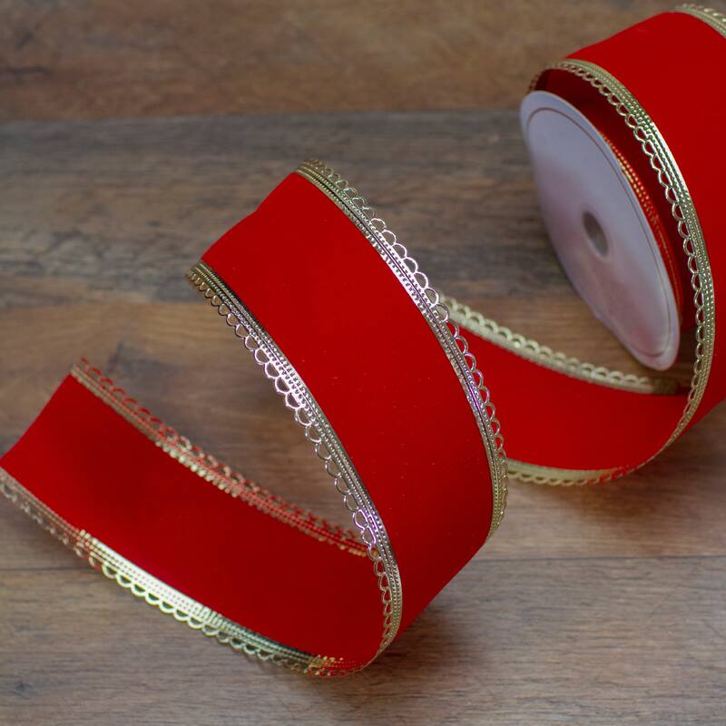 Red and Gold Velvet Christmas Wired Craft Ribbon 2.5" x 10 Yards - 2.5" x 10 Yards