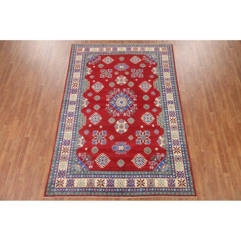 Hand Knotted Oriental 100% Wool Carpet Traditional Geometric Red Kazak Area Rug - 9' 7'' X 6' 7''