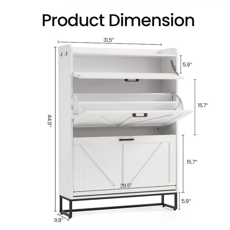 AVAWING Freestanding Farmhouse Shoe Cabinet - 2 Flip Drawers & Adjustable Shelves, Entryway Slim Storage with Side Hooks.
