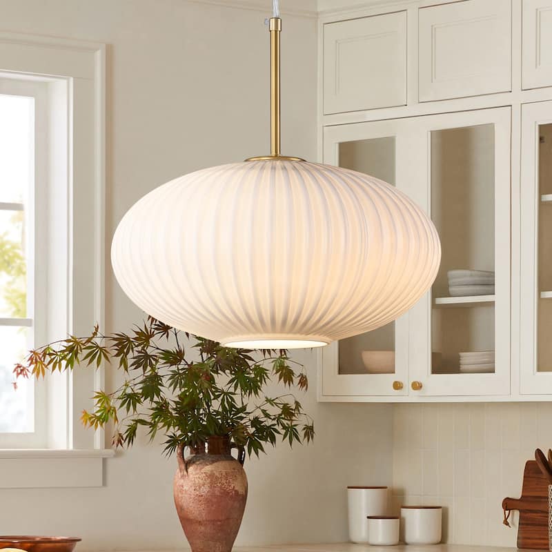 Rennnsan 1-Light Brass Ribbed Opal Glass Pendant for Dining Room - 1 Light