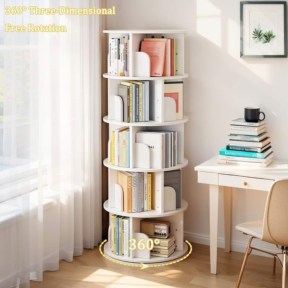 GDF Studio -Purling Modern 5-Tier Wood Rotating Bookshelf with 360-Degree Space-Saving Design