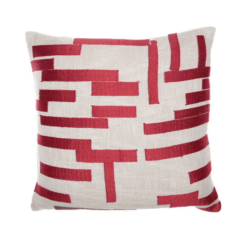 Handwoven Geometric Abstract Embroidered Square Throw Pillow - 24" - Red and Cream