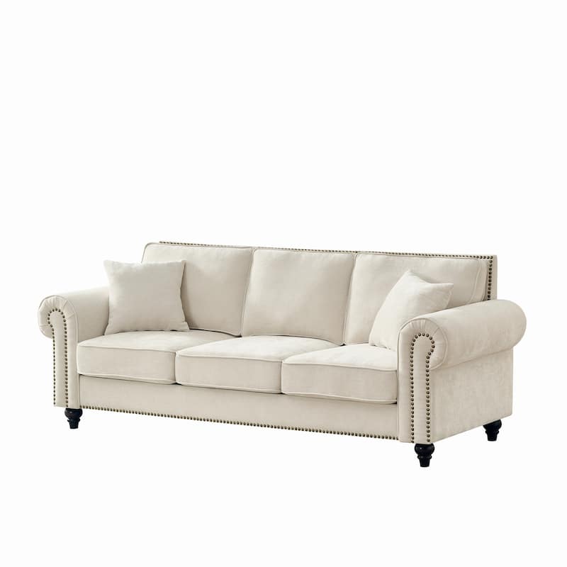 Living Room Deep Seat Rolled Arms Sofa Chenille Upholstered 3 Seater Couch with Wood Legs, Nailhead Trim and Pillows