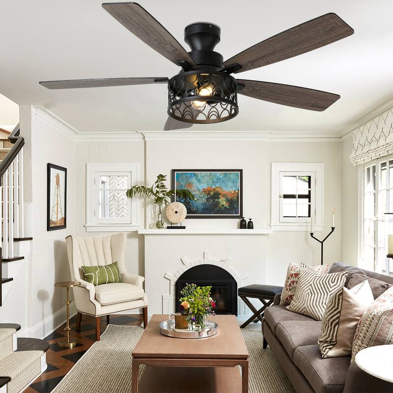 Bella Depot 52" Black Modern Flush Mount Ceiling Fan with Light and Remote
