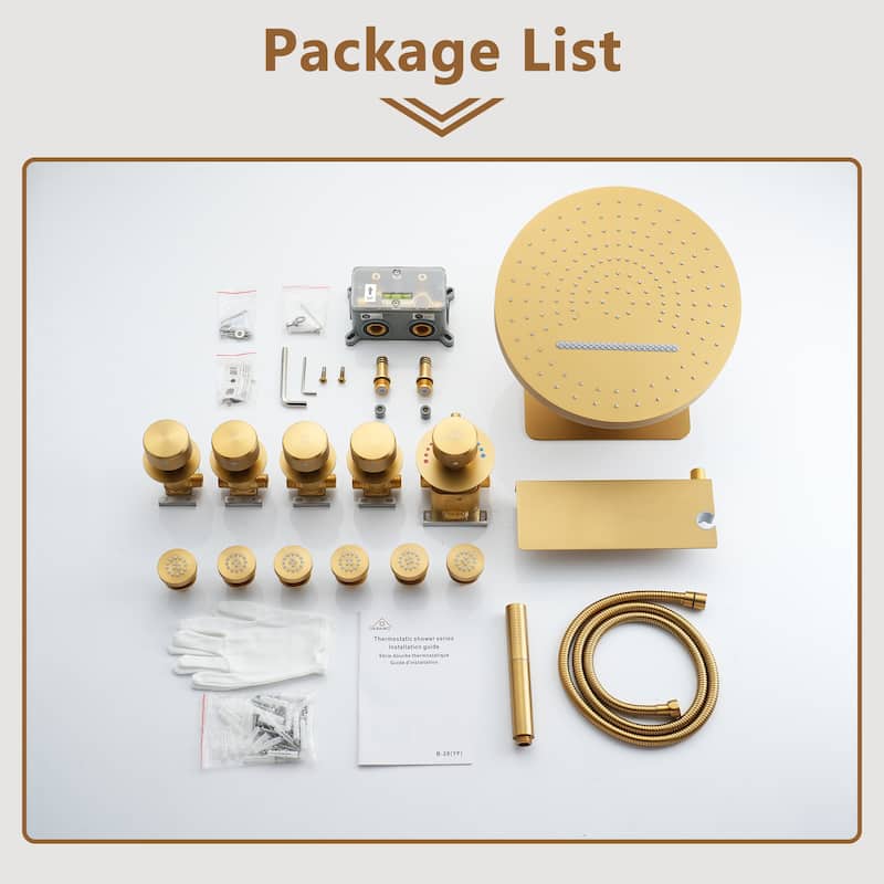 CASAINC Thermostatic 4 Functions 12 inch Rainfall Showerhead with Handheld Spray & 6 Body Jets Set Rain Shower System