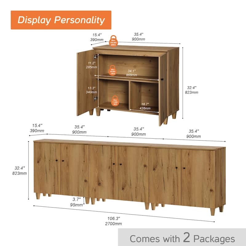 Buffet Cabinet with 3 Compartments for Dining Room, 32.4"H Sideboard