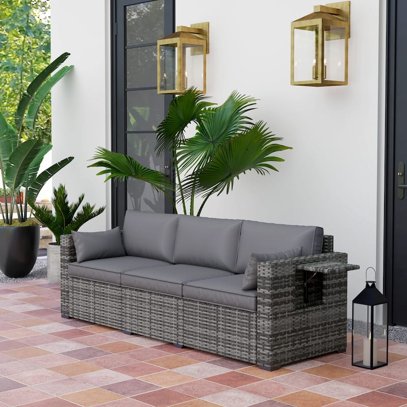 Three-Seater Outdoor Rattan Sofa with Cushions and Side Tray Tables for Patio and Garden - 78.7" W x 28.7" D x 28.3" H