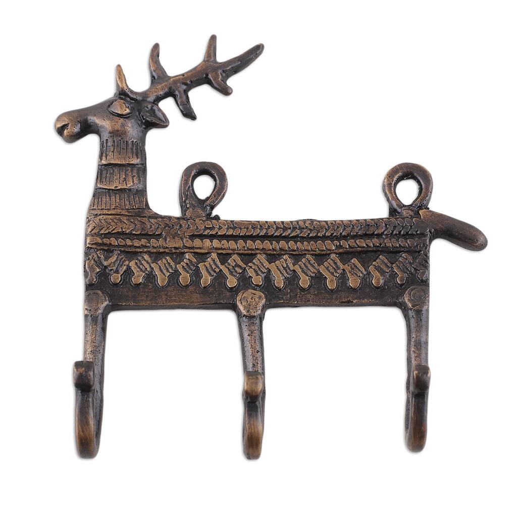 Novica Handmade Palatial Reindeer Brass Key Rack