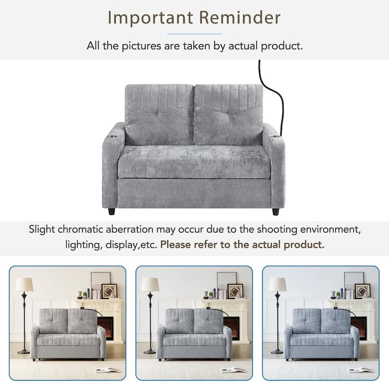 53.9" Chenille Convertible Loveseat with Pull-Out Bed, 3 USB Ports, and Smart Storage