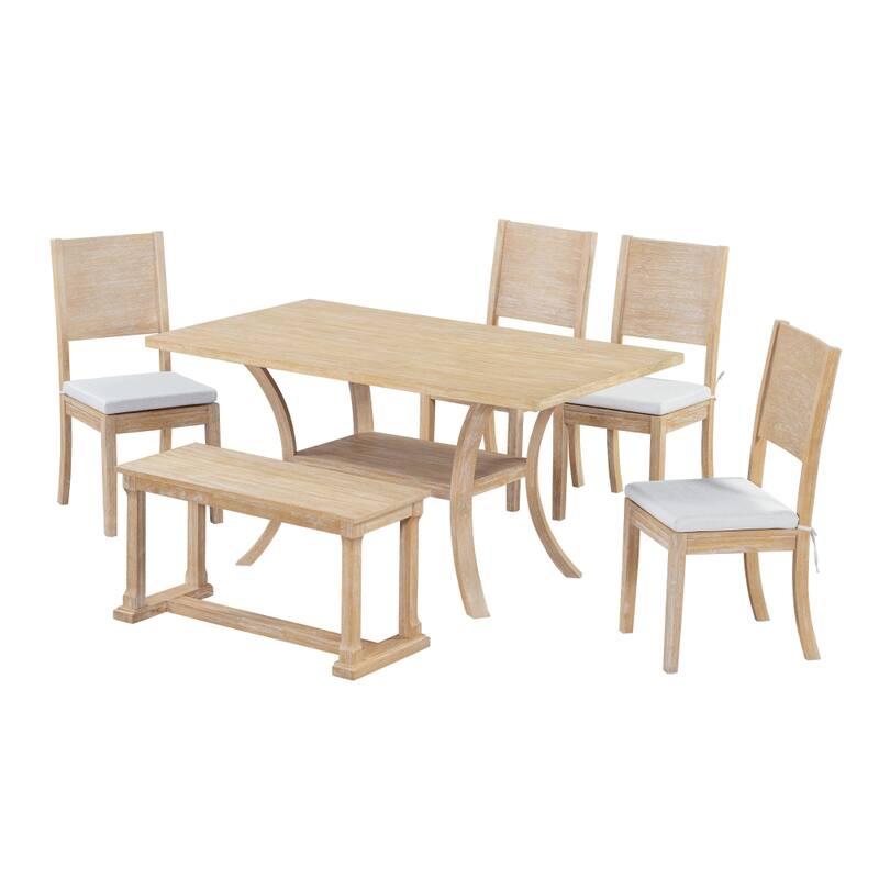 6-Piece Wood Dining Table Set with Storage Shelf and Curved Legs