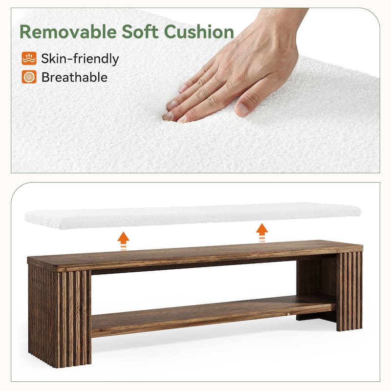 Solid Wood Entryway Bench, 63" Upholstered End of Bed Bench