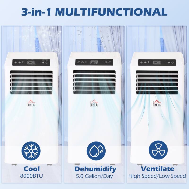 8000 BTU Portable Air Conditioner with Dehumidifier and Fan. Remote Control. 24 Hour Timer. For Rooms up to 344 Sq Ft