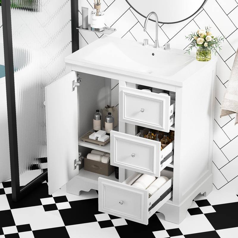 30-Inch Bathroom Vanity with Ceramic Sink, 3 Drawers and Adjustable shelves - White