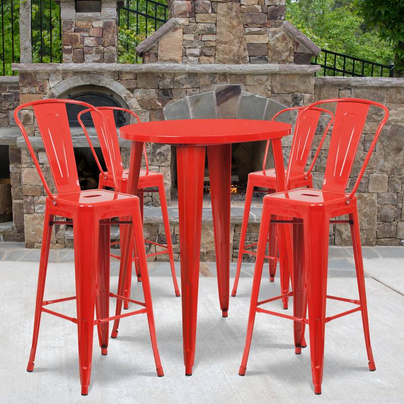 30'' Round Metal Indoor-Outdoor Bar Table Set with 4 Cafe Stools - 30"W x 30"D x 41"H - Red