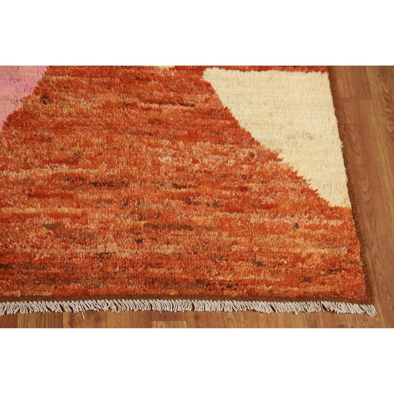 Orange Geometric Moroccan Oriental Area Rug Hand-Knotted Wool Carpet - 6'10" x 9'9"