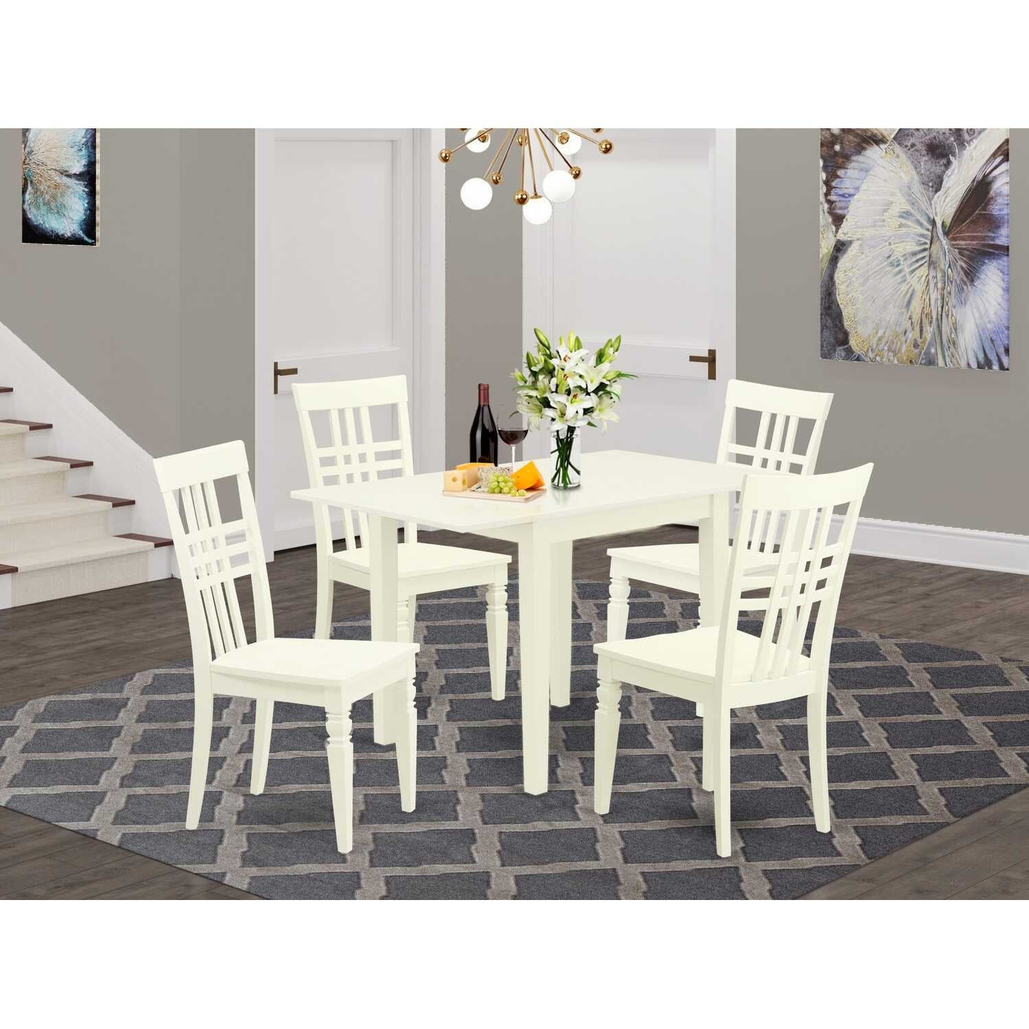 5-Piece Linen White Finish Solid Wood Top - Dining Room Set - Seats 4