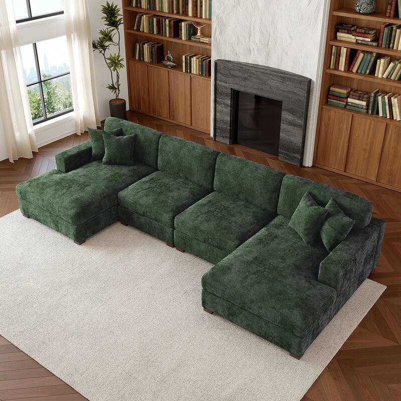 Oversized Chenille Modular Sectional Sofa With Deep Seat - Green/2 chaise+2 Armless chair