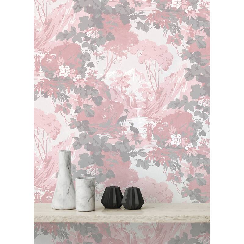 Brewster Eden Pink Crane Lagoon Wallpaper