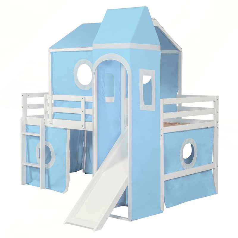 Twin Size Loft Bed with Slide Tent and Tower