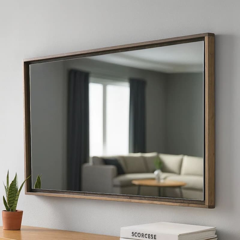 Rectangular Wooden Frame Incased Mirror with Raised Edges, Natural Brown
