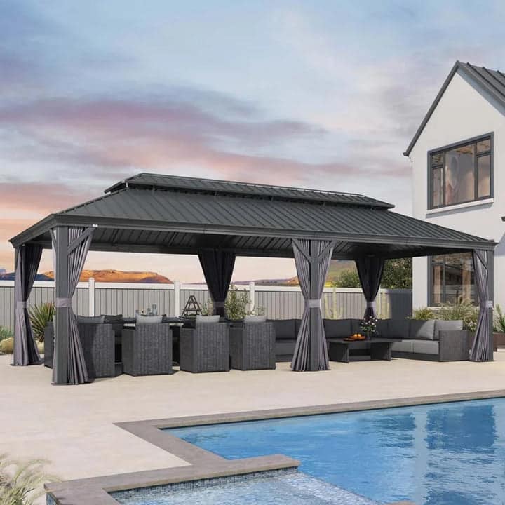 PURPLE LEAF Outdoor Galvanized Steel Hardtop Gazebo, Aluminum Frame Gazebo With Curtains