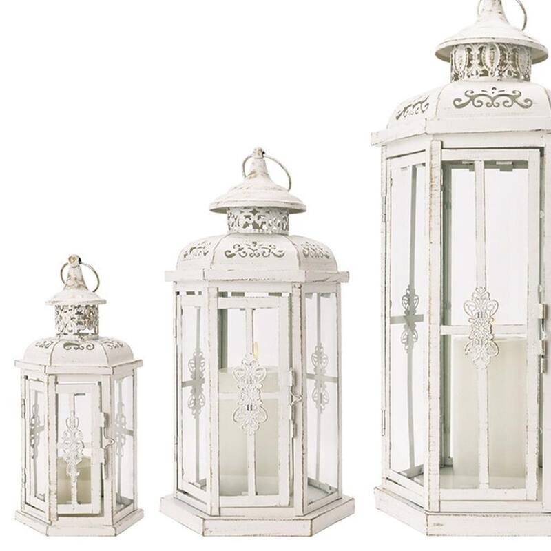 Set of Three White Distressed Filigree Metal Tabletop Lantern Candle Holders