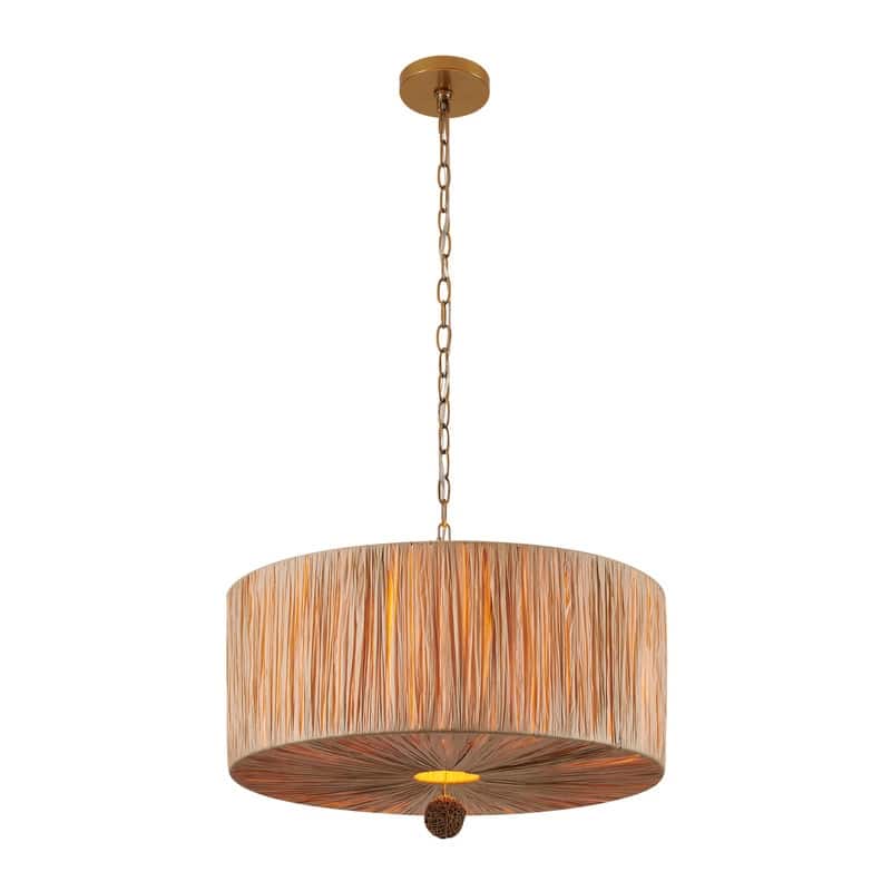 KAWOTI 5-Light Paper Woven Drum-Shape Chandelier - W24.25" x H16.25"(MaxH81.5") - Brown Paper Woven