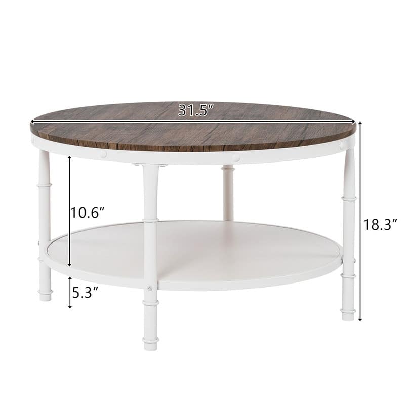 Double-layer Round Dark Walnut-colored Black-veined MDF Panel, White Wrinkled Baked Iron Frame, Industrial Style Coffee Table