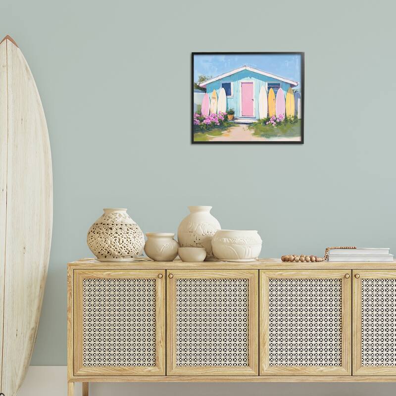 Stupell Cabin with Pastel Surfboards Framed Giclee Art Design By Arlington Prints