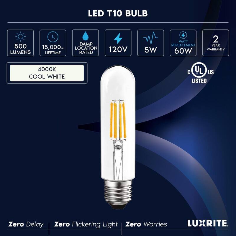 Luxrite T10 LED Bulb, 5W=60W, 4000K Cool White, 500 Lumens, Damp Rated, UL Listed, E26, 6 Pack - 4000K (Cool White)
