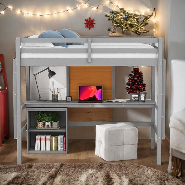 slide 2 of 15, Full size Loft Bed with Desk, Writing Board and Drawers Cabinet, Grey Grey