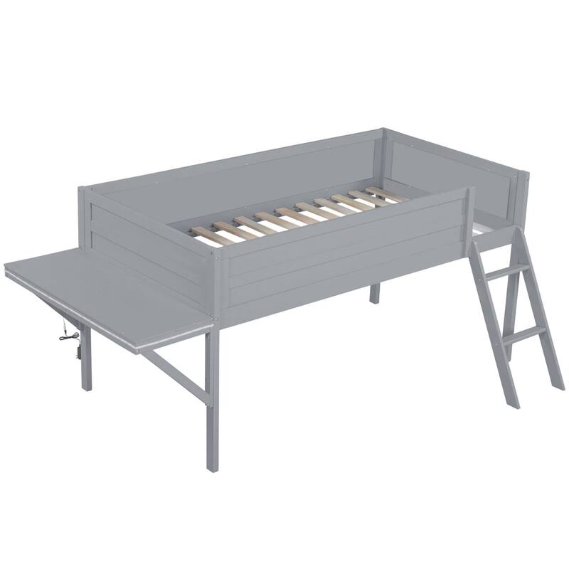 Wood Twin Size Loft Bed with Desk and LED, Wooden Loft Bed Frame with Angled Ladder, No Box Spring Needed for Kids