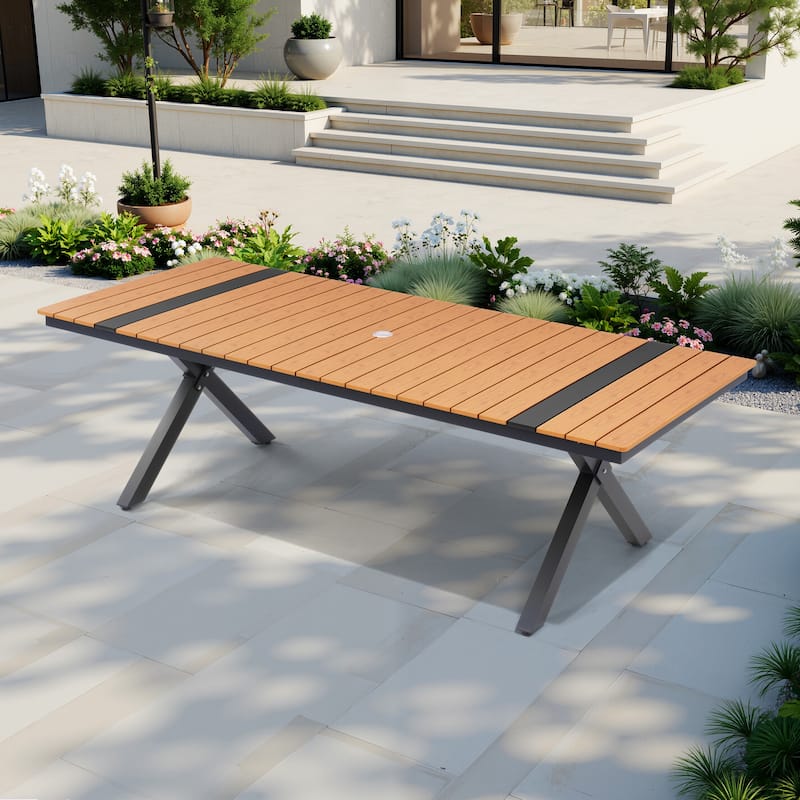 VredHom Aluminum Rectangular Outdoor Patio Dining Table with Umbrella Hole X Frame