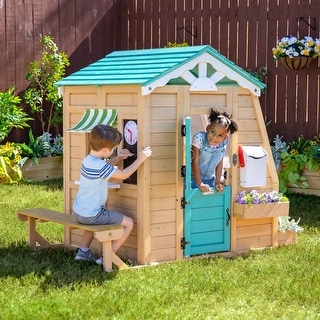 Teamson Kids Agnes Wooden Playhouse with Garden Window, Fixed Bench & Flower Boxes, Tan