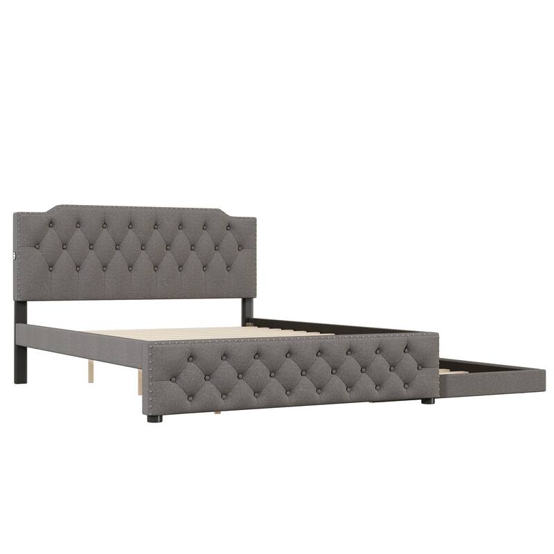 Queen Size Upholstered Platform Bed with Twin Size Trundle and 2 sets of USB Ports on each side, Linen Fabric, Gray