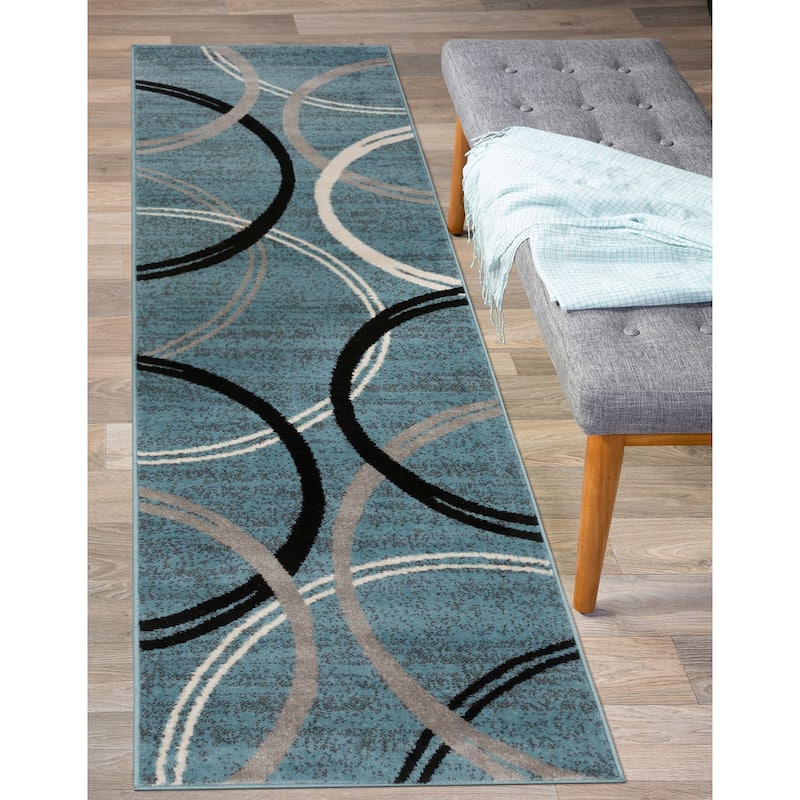 World Rug Gallery Contemporary Abstract Circles Design Area Rug - 2' x 10' Runner - Blue