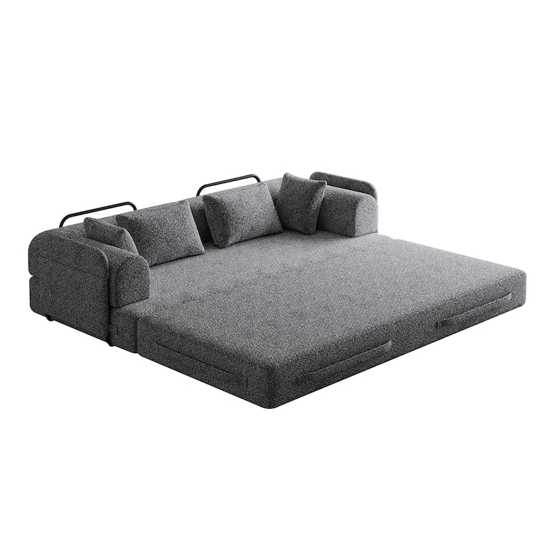 Chenille Floor Lounge Couch Convertible Sleeper Sofa Bed Folding Mattress with Cylindrical Pillow, Side Pocke and Metal Frame