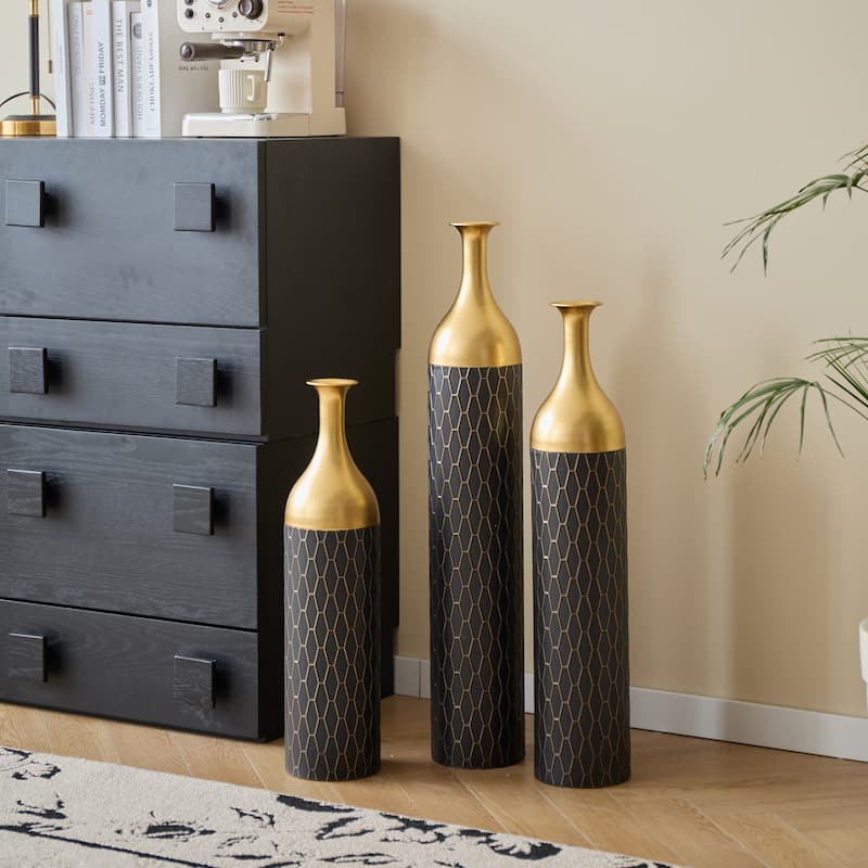 Set of 3 Black and Gold Metal Vase Floor Vases Ideal (25"/30"/34" H)