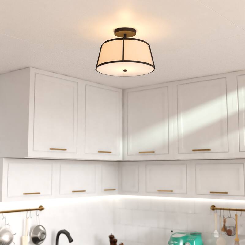 Marion 2-Light Mid-Century Modern Drum Semi Flush Mount Lighting Ceiling Fixture White Linen Shade for Entryway, Kitchen