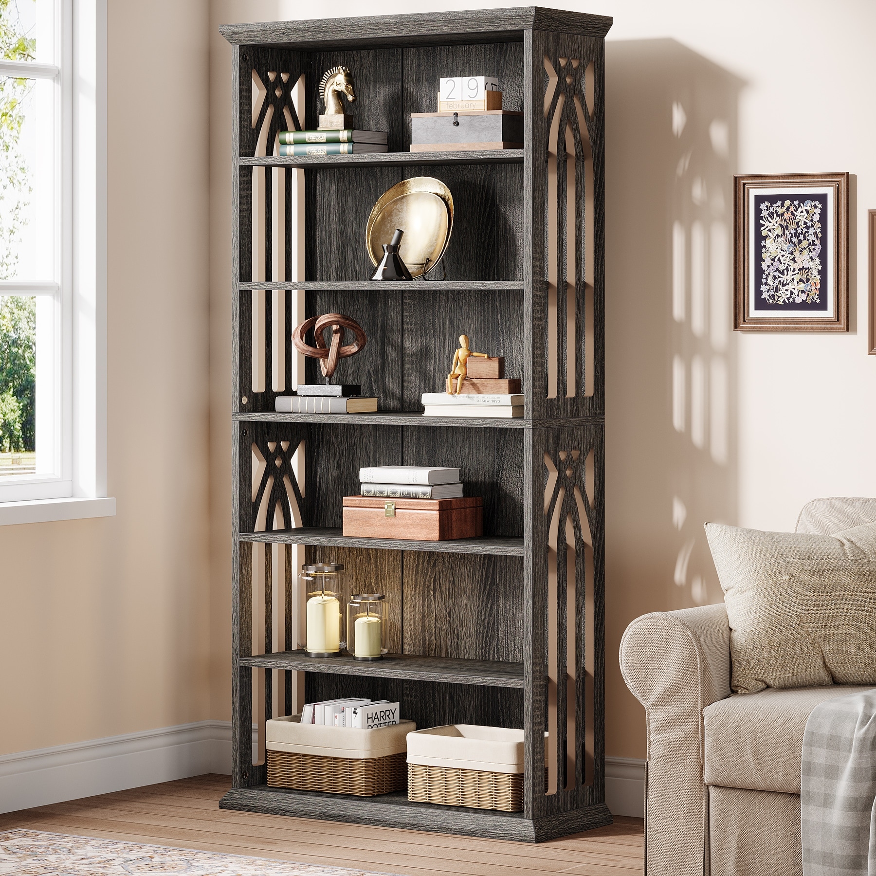 Large Bookcases,7-Tier Wood Bookshelf Freestanding Sheling Units