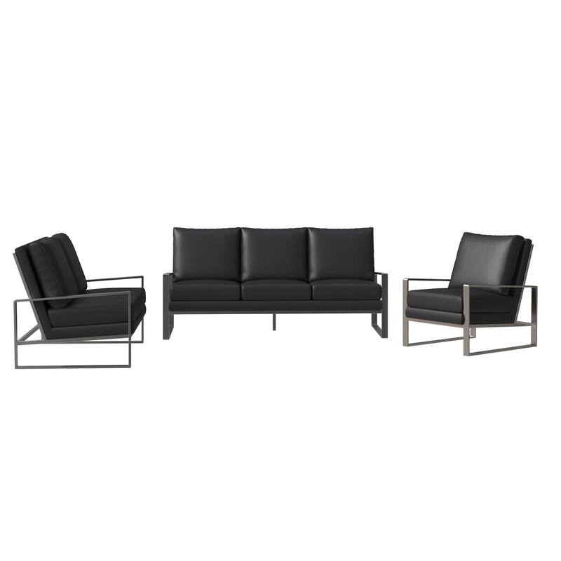 3-Piece Leather Sofa Set Brushed Stainless Steel Base and Removable Cushions
