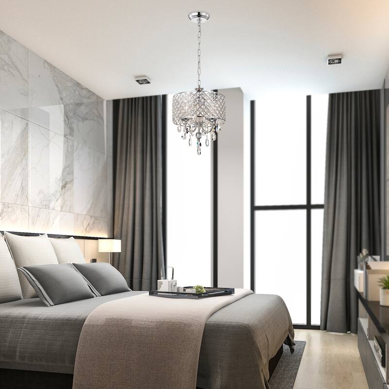 Marya 3-Light Chrome Round Beaded Drum Chandelier with Hanging Crystals, 12 in. Dia