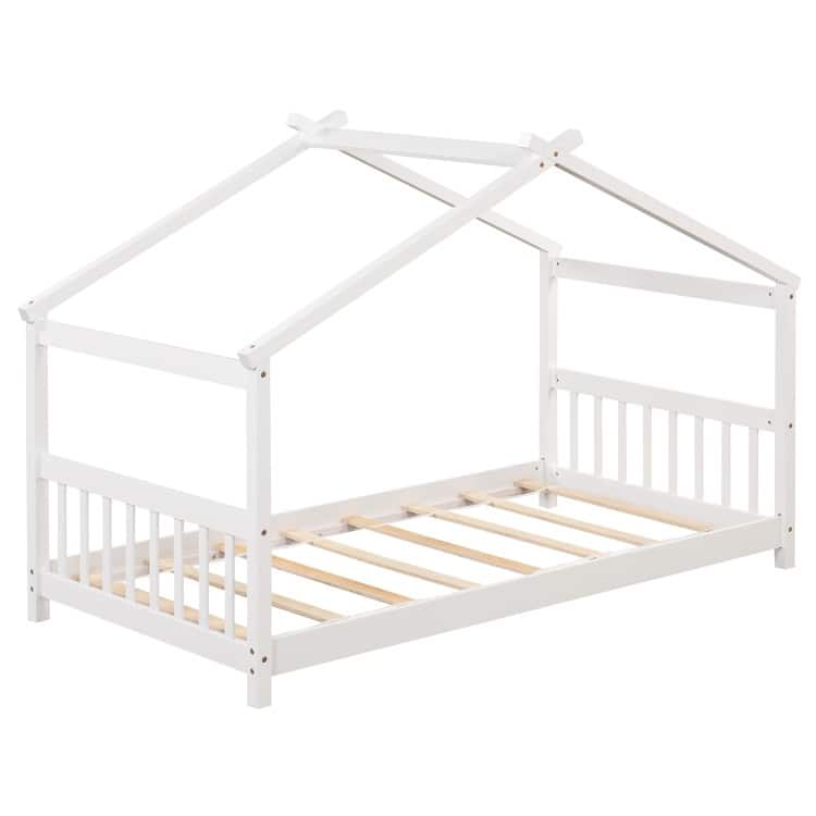 Twin House Bed Frame for Kids with Roof Design and Wood Slat Support - White