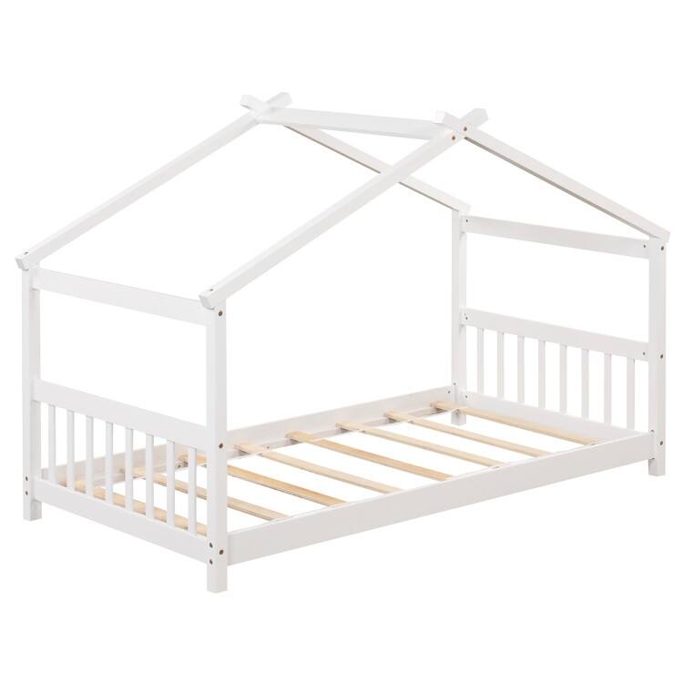 Twin House Bed Frame for Kids with Roof Design and Wood Slat Support