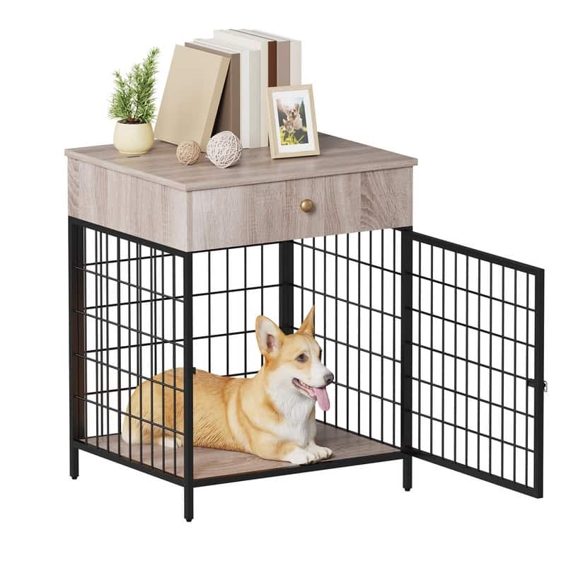 Wooden Dog Kennel Crate Furniture Side Table End Table with Drawer for Small Dogs - Grey