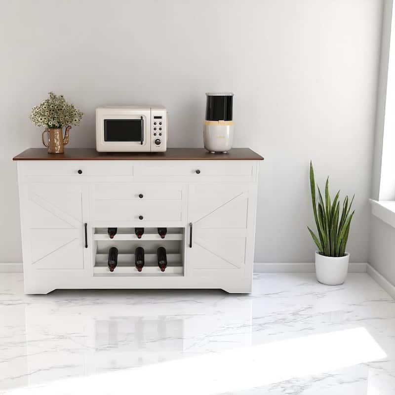 54" Kitchen Storage Sideboard with Barn Doors, Adjustable Shelves, Wood Countertop, White & Walnut