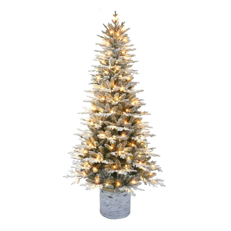 7.5' Flocked Potted Arctic Fir Artificial Tree Warm White LED - 7.5 Foot