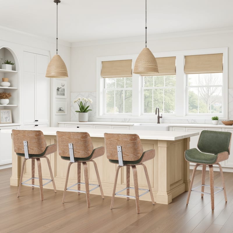 Tyler Mid-Century Swivel Bar Stool, Upholstered Counter Height Chair with Bentwood Legs - Vintage Green & White Wash - Counter Height - Set of 4